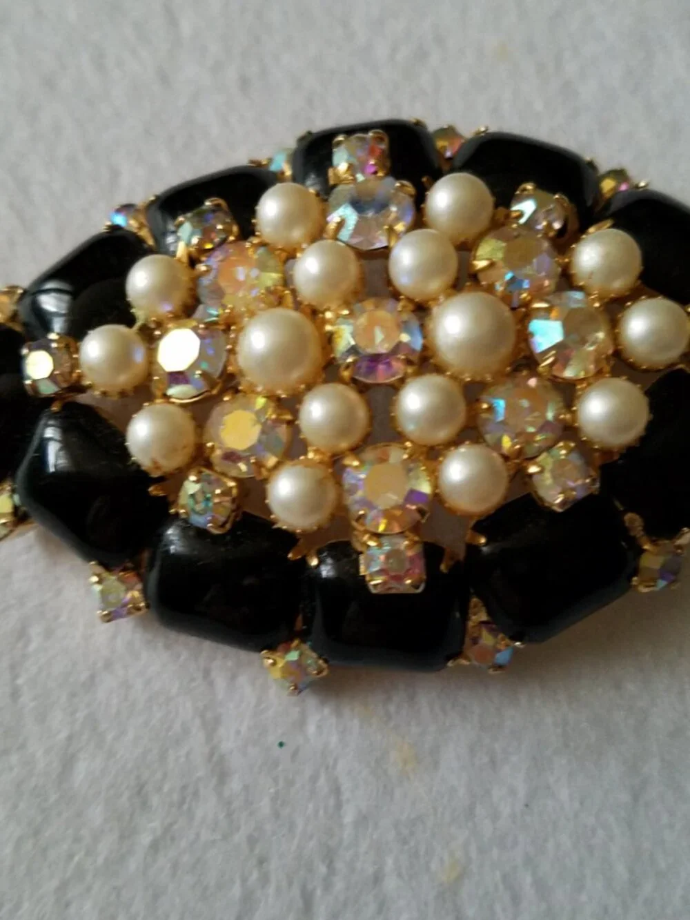 Vintage Black Glass with Faux Pearls and Rhinestone Domed Brooch